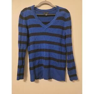 Tommy Hilfiger Blue Black Striped Cable Knit Sweater L Preppy